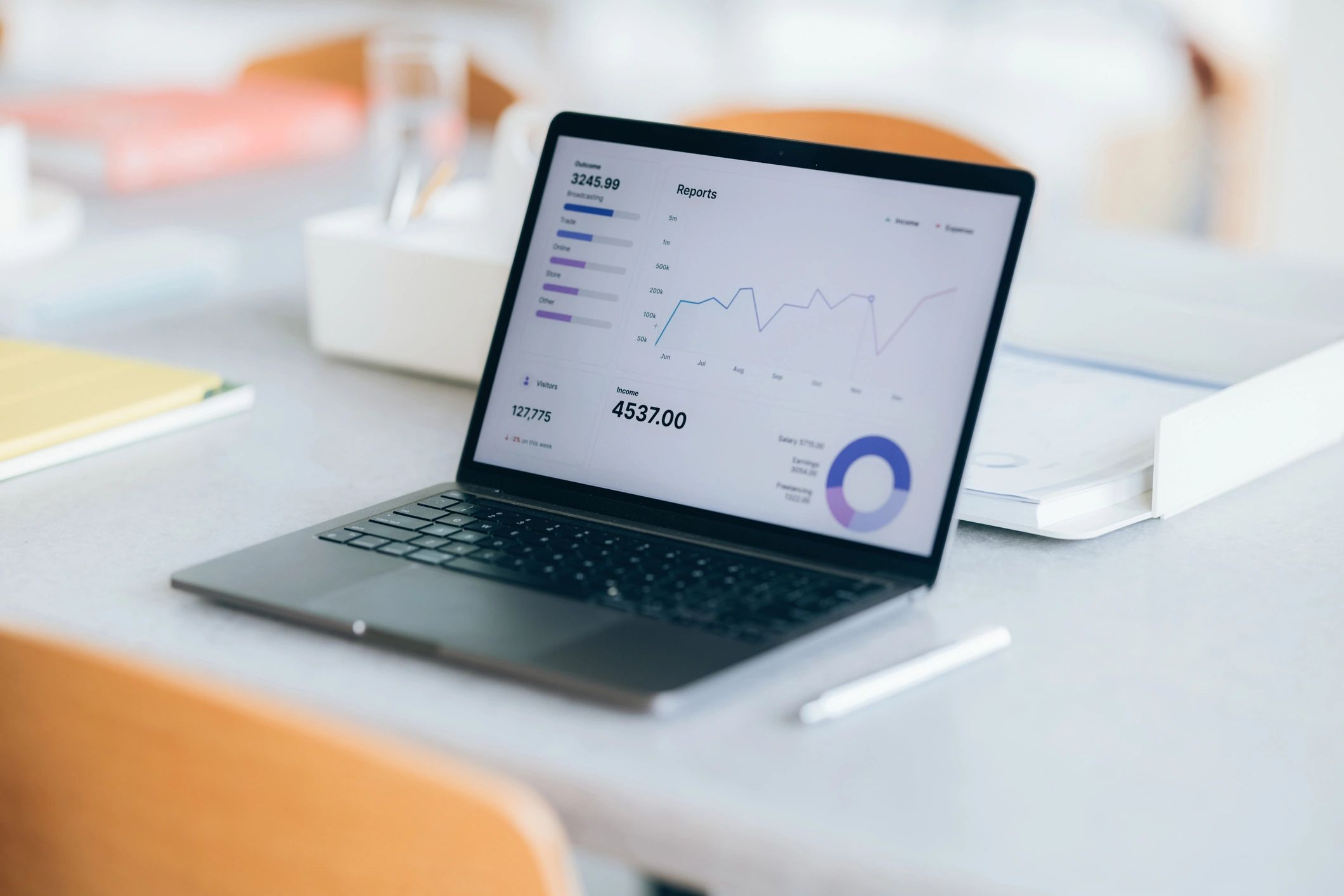 Laptop displaying analytics reports and graphs